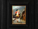 painting of a boy and a girl walking down a street in the rain