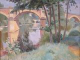 tableau représentant un pont au-dessus d'une rivière, avec des arbres au premier plan
