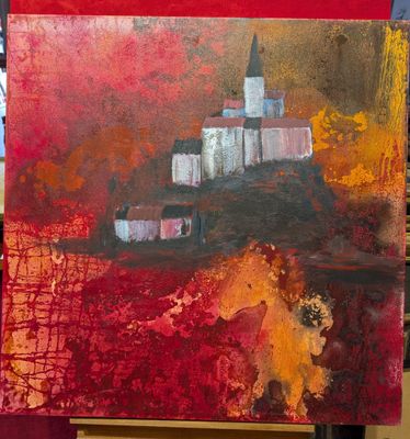 une image représentant une peinture d'une église sur fond rouge