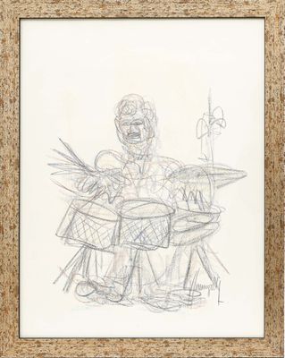 un dessin représentant un homme assis à une table avec une guitare