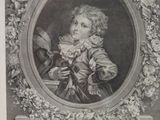 portrait of a young boy in a wreathed frame holding a flower