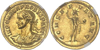 a gold coin with an image of a man holding a staff
