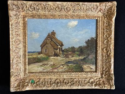 une peinture à l'huile représentant une maison au toit de chaume sur fond noir