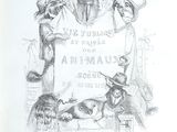 a drawing of a group of animals with a sign
