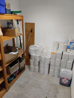 many rolls of toilet paper on the shelves in the room