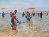 a painting of a group of people in the water