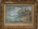 an old painting of a castle by the water with a sailboat in the foreground