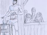 dessin représentant un homme debout devant un bar, une guitare à la main