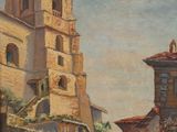 painting of a street scene with a church and a horse drawn carriage