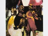 an image of a painting of a man playing a violin in front of a house