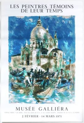 painting of a boat with people on it in front of a building
