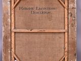 a close up of a picture of a wooden frame with a sign on it