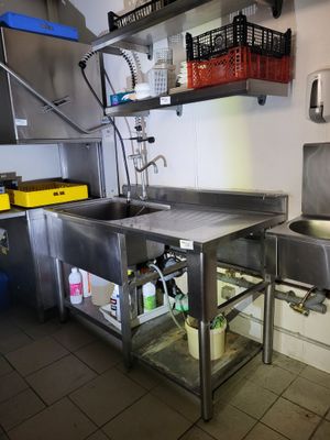 a stainless steel sink and a metal counter in a commercial kitchen