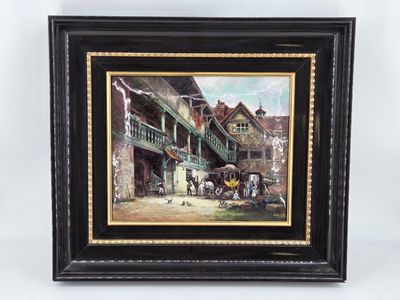 a painting of a horse drawn carriage in front of a building