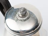 a silver tea pot with a handle on a white surface