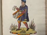 an old book with a picture of a man holding a box