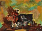 an image of a painting of a man on a horse and a cow
