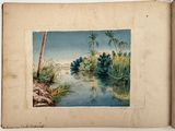 an old book with a painting of a river and palm trees