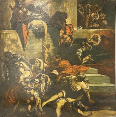 une image d'un tableau représentant un groupe de personnes dans une pièce
