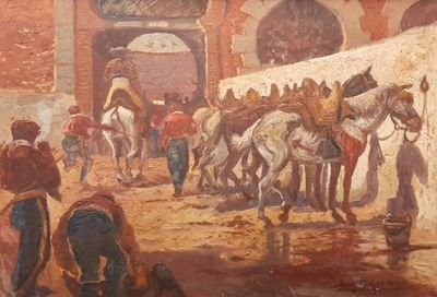 un tableau représentant un groupe de personnes à cheval dans une cour