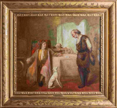 une peinture à l'huile représentant un homme et une femme dans une salle à manger, en compagnie d'un chien