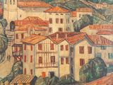 un tableau représentant une ville située sur une colline, avec un pont