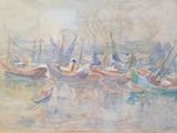 painting of a group of boats in a body of water