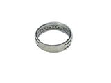 a close up of a silver ring on a white background