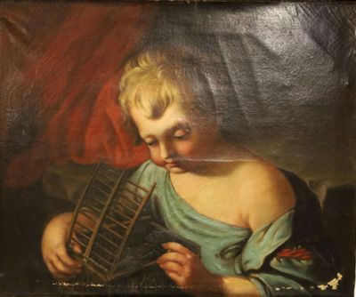painting of a young boy holding a birdcage in his hands