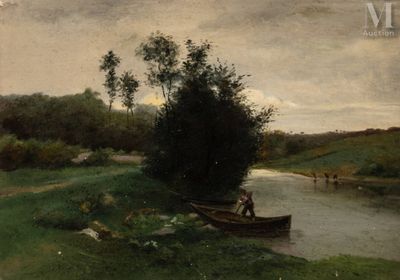 un tableau représentant deux personnes dans un bateau sur une rivière