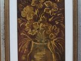 painting of flowers in a vase on a table in a room
