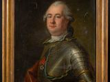 un tableau représentant un homme en armure, dans un cadre doré