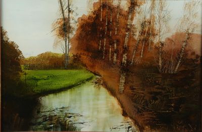 une photo d'un tableau représentant une rivière et des arbres