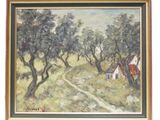 une image représentant un tableau où l'on voit des arbres et une maison dans un champ