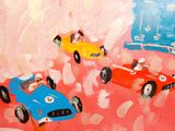 peinture représentant un groupe de petites voitures sur un fond rouge