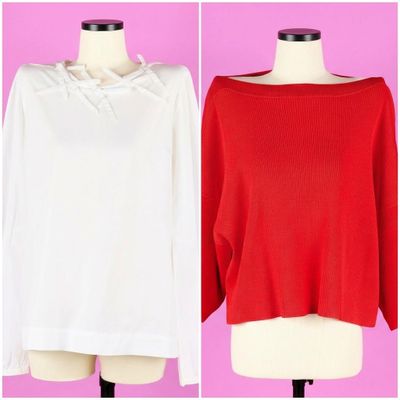 deux photos d'un haut blanc et rouge sur un mannequin