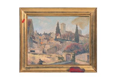une image représentant un tableau d'un village orné d'un ruban rouge