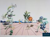 une photo d'un tableau représentant des fruits et des plantes accroché au mur