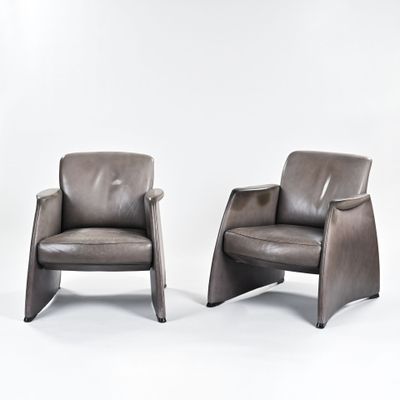 paire de fauteuils de salon en cuir avec accoudoirs, Italie, années 1970