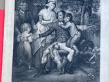 une vieille gravure représentant une réunion de famille dans un cadre boisé