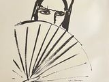 un dessin en noir et blanc représentant un homme tenant un éventail