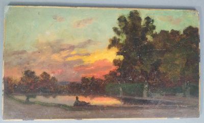 painting of a sunset over a lake with a person sitting on a bench