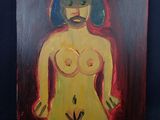 une peinture à l'huile représentant une femme en robe jaune sur fond noir
