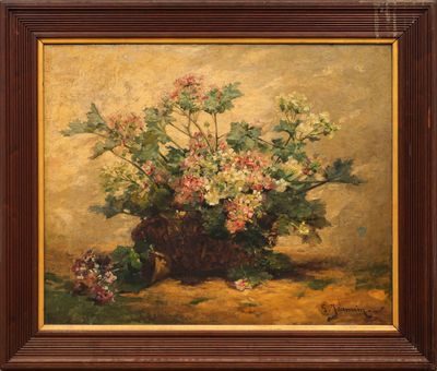 une peinture à l'huile représentant des fleurs dans un panier posé sur une table