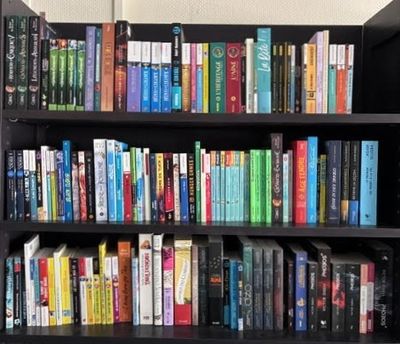 une bibliothèque noire sur laquelle sont posés de nombreux livres