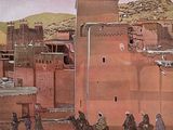 tableau représentant un groupe de personnes à dos de chameau devant un bâtiment