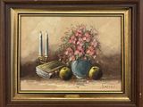 tableau représentant une nature morte avec un vase de fleurs, des pommes et une bougie