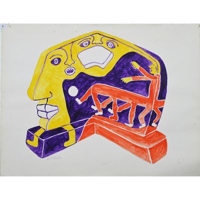 dessin représentant un casque sur lequel figurent un visage d'homme et un visage de femme