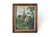 a painting of a church with a steeple in the background