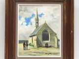 une peinture à l'huile représentant une église devant laquelle se tiennent des personnes
